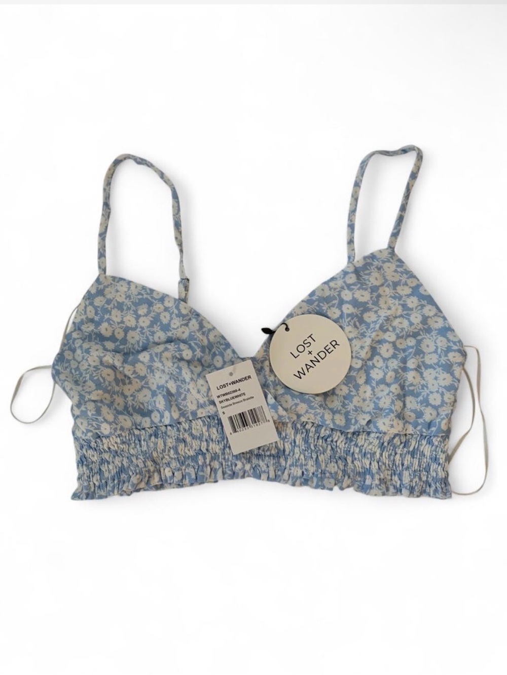 Lost + Wander Blue Floral Smocked Bralette Crop Top